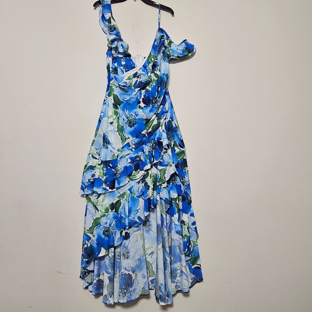 Alex Marie Dress 10 Pastel Blue White Floral HiLow Off Shoulder Vneck Ruffle 960